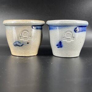 Vintage Rowe Pottery Works Set of 2 Small Mini Crock Cobalt Salt Glaze 1989